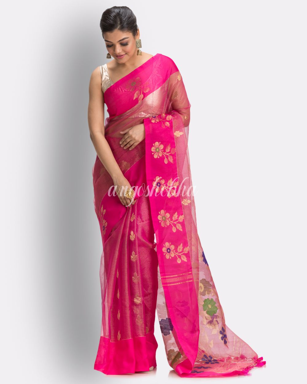 Deep Pink Art Silk Muslin Handloom Jamdani Saree angoshobha