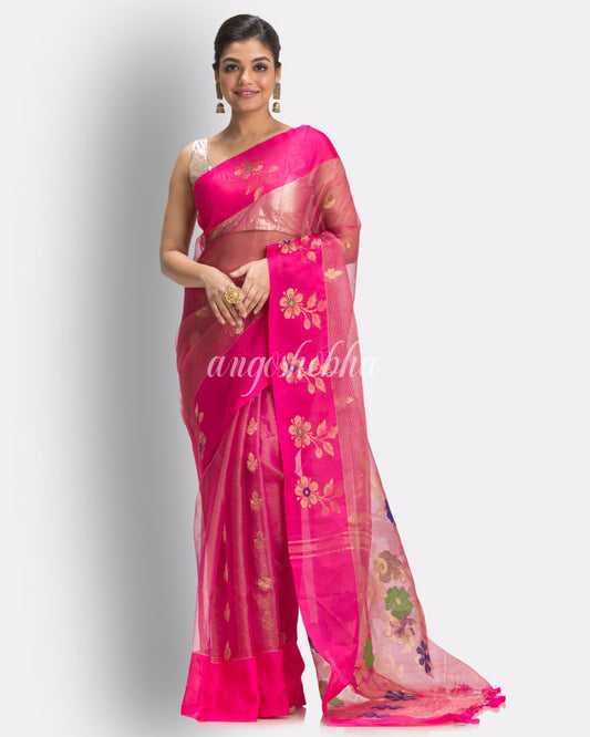 Deep Pink Art Silk Muslin Handloom Jamdani Saree angoshobha