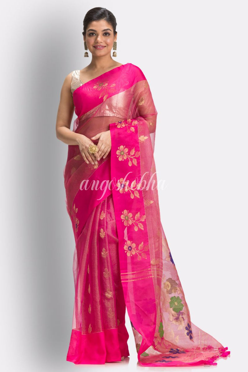 Deep Pink Art Silk Muslin Handloom Jamdani Saree