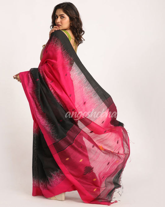 Deep Pink Cotton Blend Handloom Tie Dye Jamdani Saree angoshobha