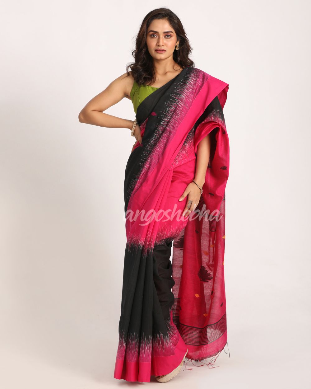 Deep Pink Cotton Blend Handloom Tie Dye Jamdani Saree angoshobha