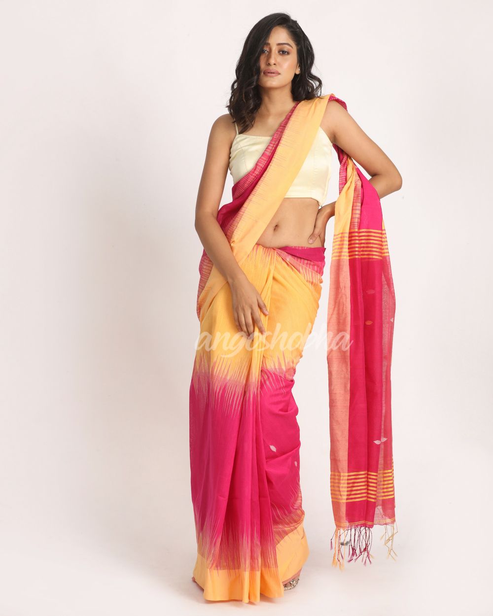 Deep Pink Mellon Yellow cotton Blend Handloom Tie Dye Jamdani Saree angoshobha