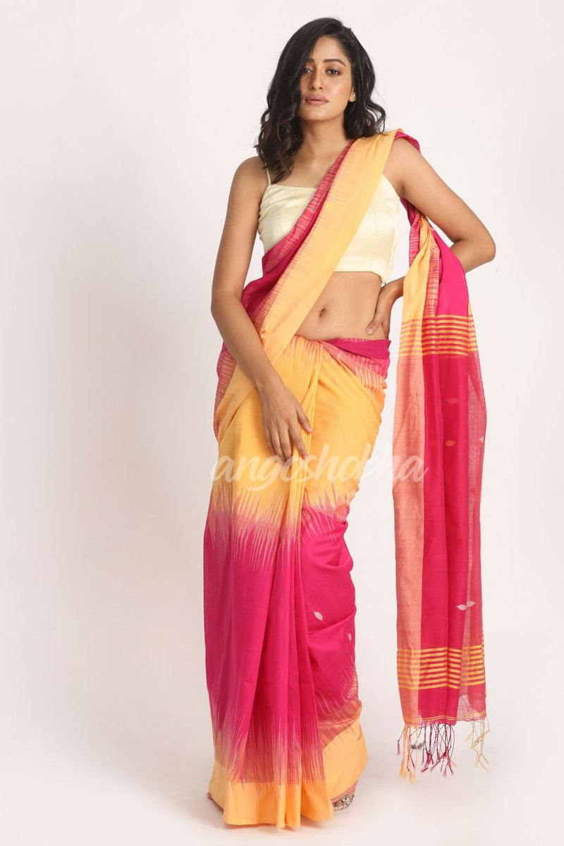 Deep Pink Mellon Yellow cotton Blend Handloom Tie Dye Jamdani Saree