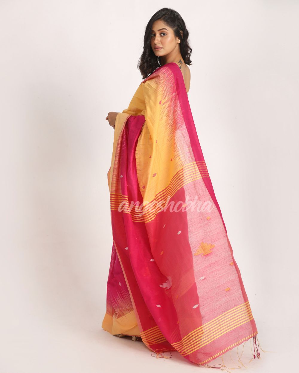 Deep Pink Mellon Yellow cotton Blend Handloom Tie Dye Jamdani Saree angoshobha