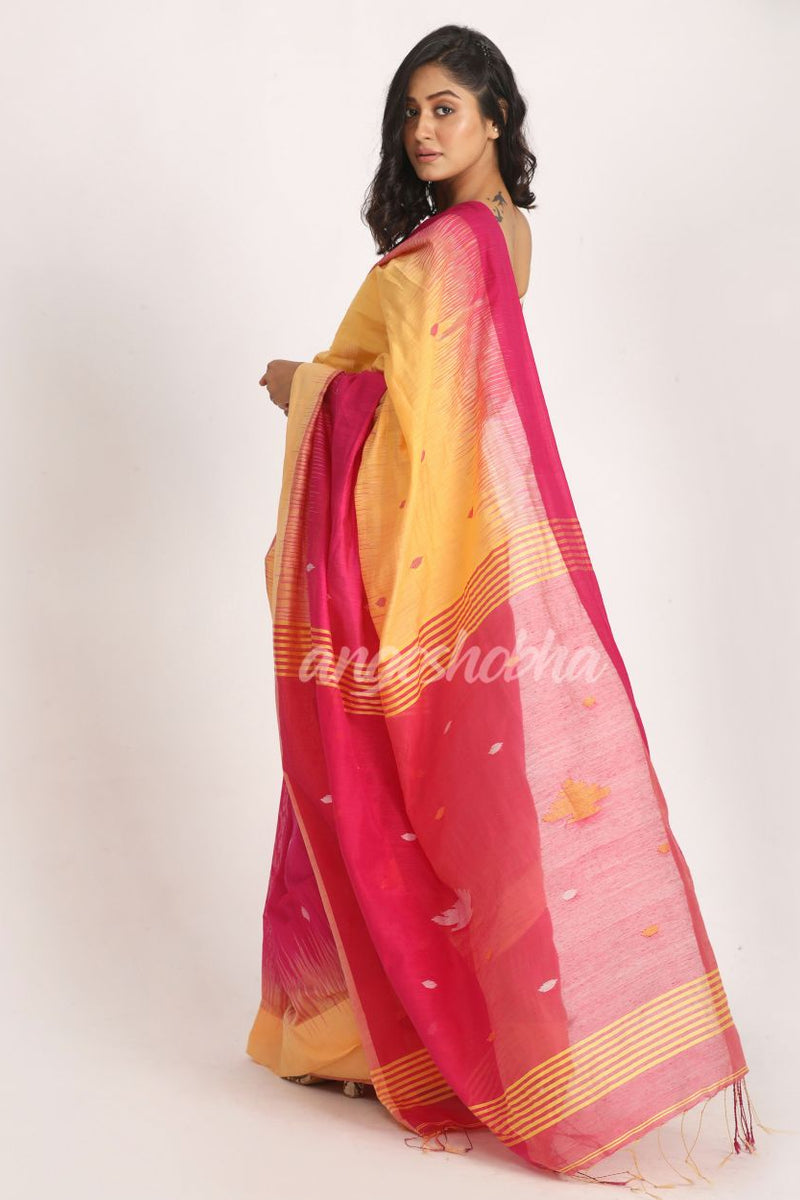 Deep Pink Mellon Yellow cotton Blend Handloom Tie Dye Jamdani Saree