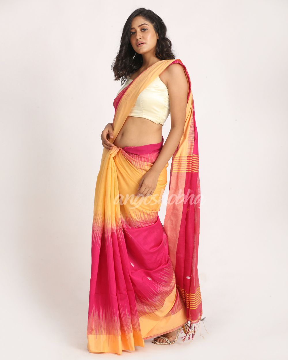 Deep Pink Mellon Yellow cotton Blend Handloom Tie Dye Jamdani Saree angoshobha