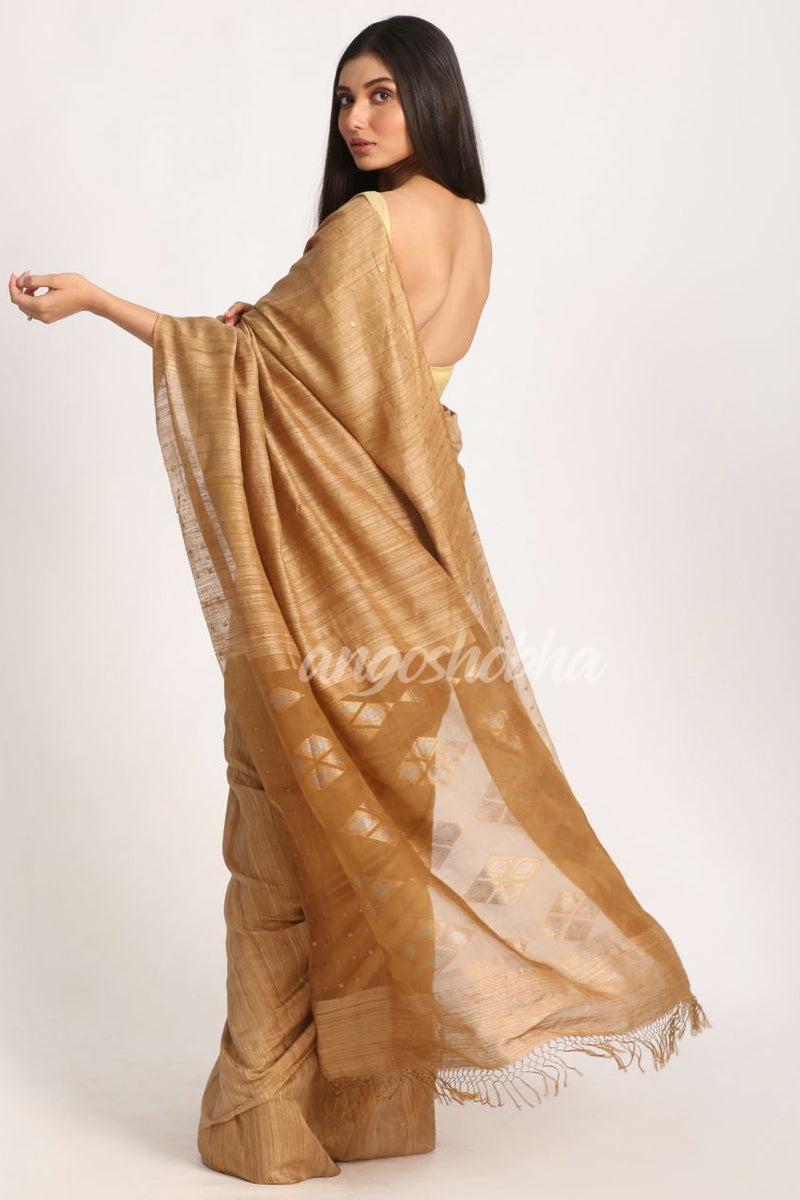 Deep Tan Matka Silk Handloom Traditional Jamdani Saree