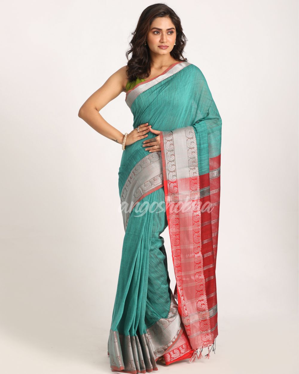 Deep Teal Handloom Cotton Tangail Saree angoshobha
