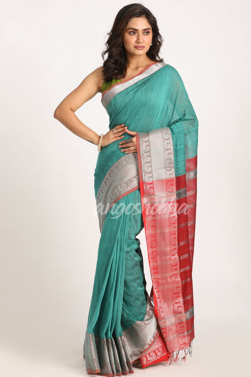 Deep Teal Handloom Cotton Tangail Saree