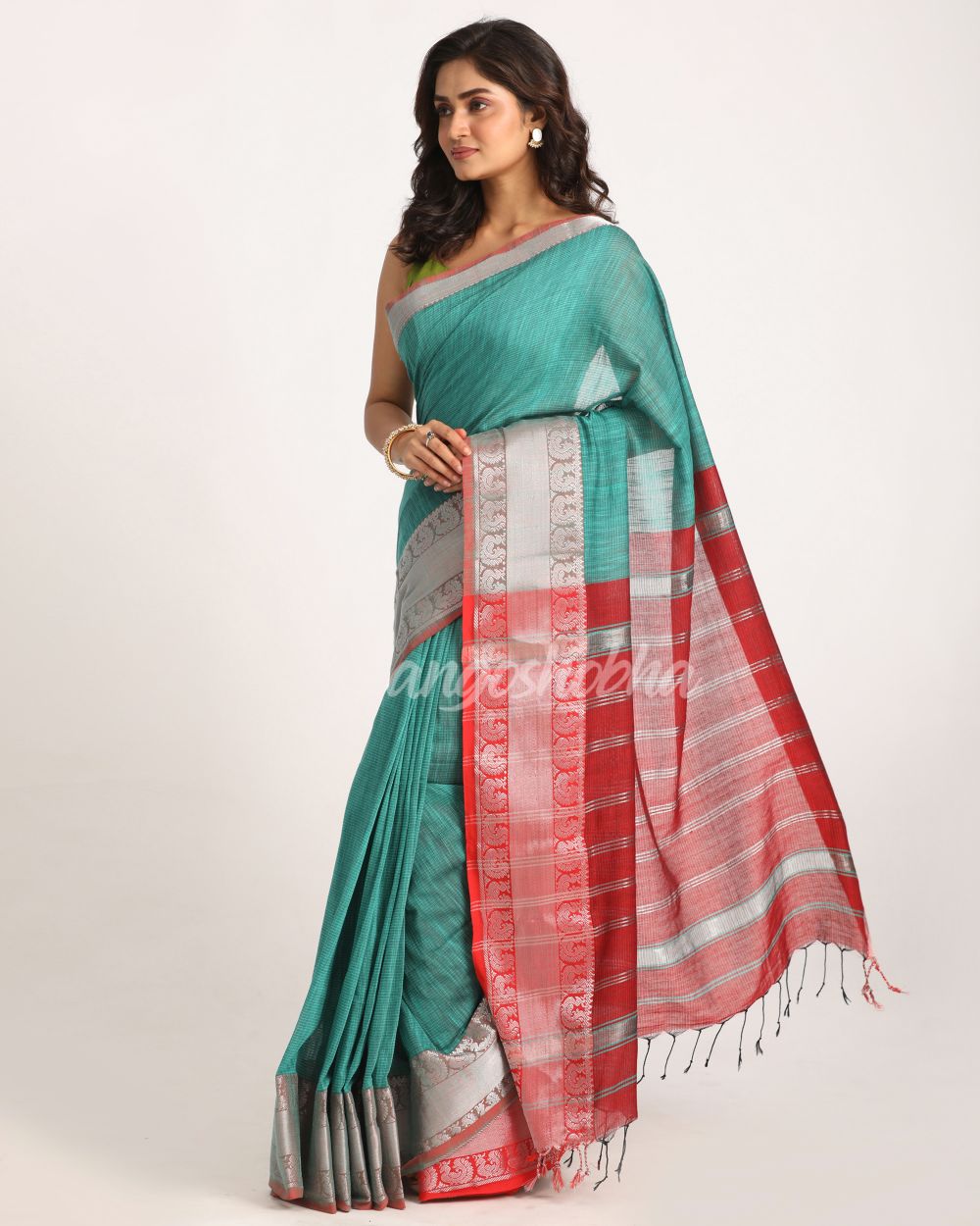 Deep Teal Handloom Cotton Tangail Saree angoshobha