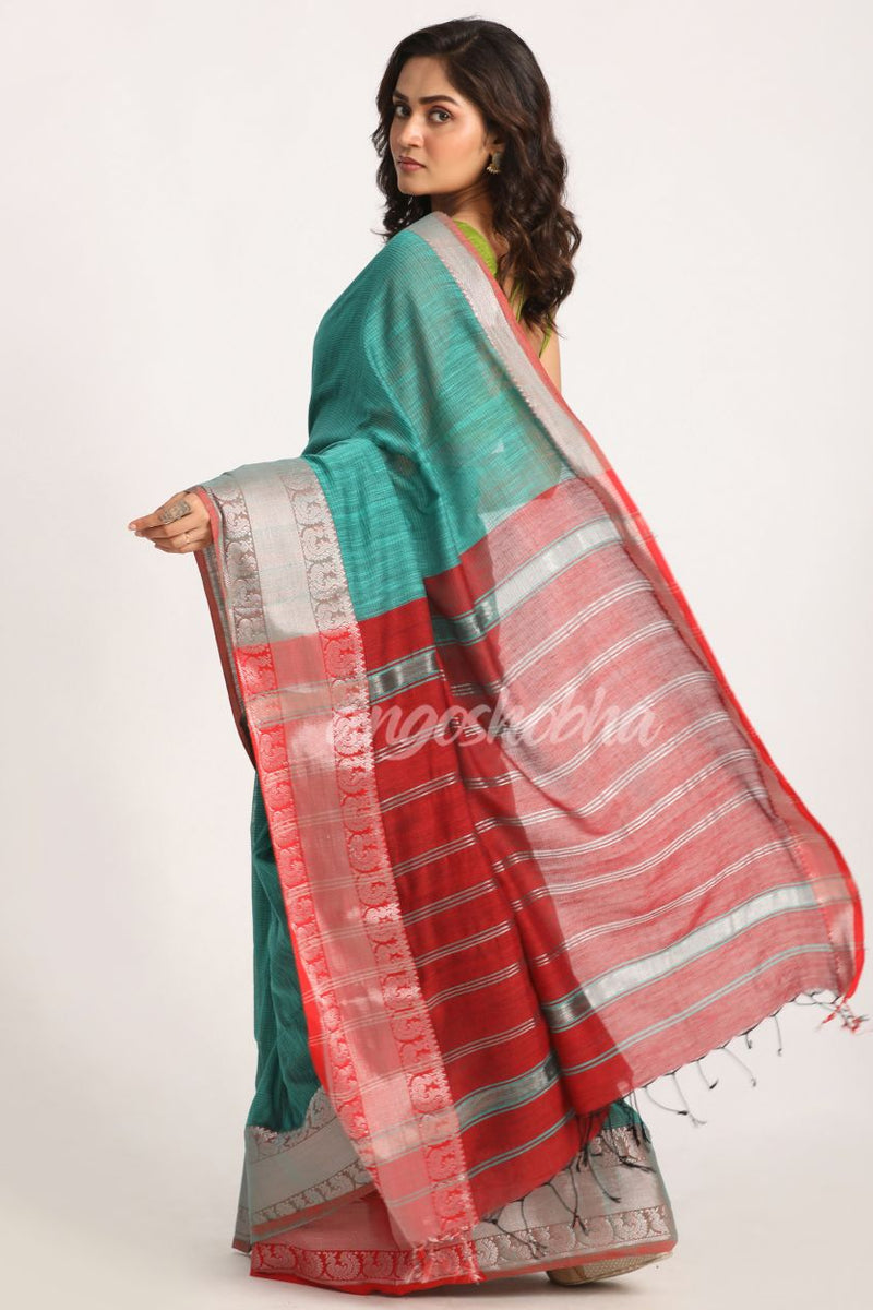 Deep Teal Handloom Cotton Tangail Saree