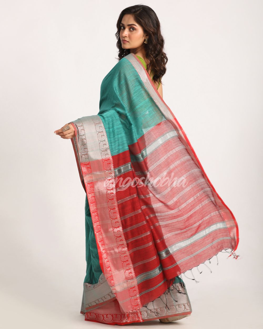Deep Teal Handloom Cotton Tangail Saree angoshobha