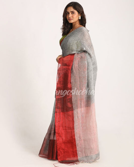 Design Zari Border Grey Handloom Traditional Linen Saree angoshobha