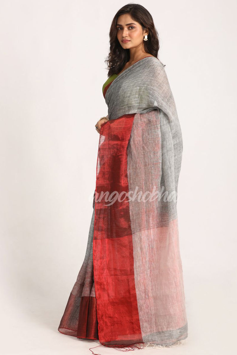 Design Zari Border Grey Handloom Traditional Linen Saree