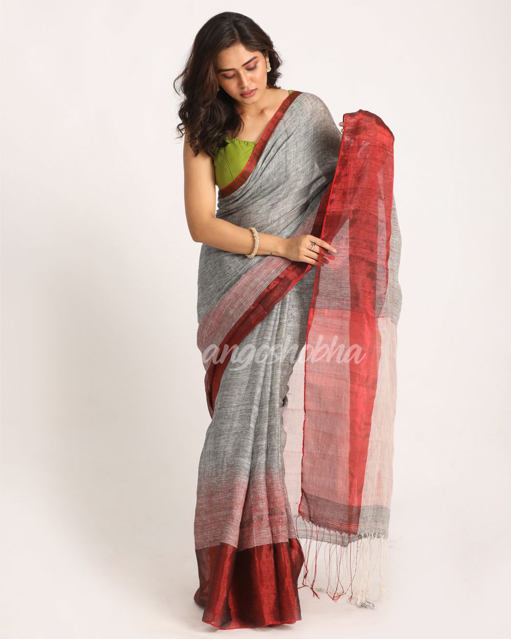 Design Zari Border Grey Handloom Traditional Linen Saree angoshobha