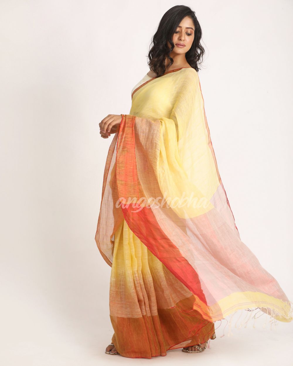 Design Zari Border Lemon Handloom Traditional Linen Saree angoshobha