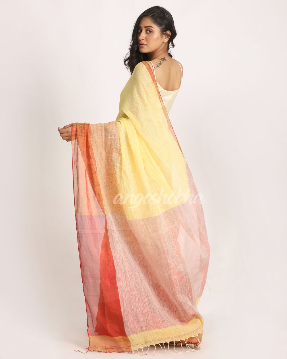 Design Zari Border Lemon Handloom Traditional Linen Saree angoshobha