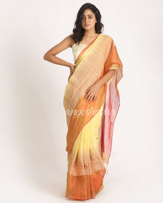 Design Zari Border Lemon Handloom Traditional Linen Saree angoshobha