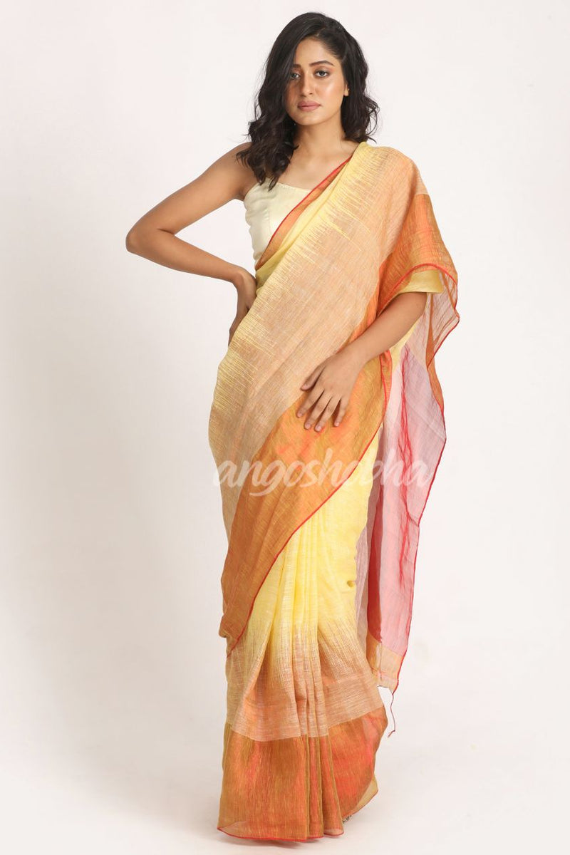 Design Zari Border Lemon Handloom Traditional Linen Saree