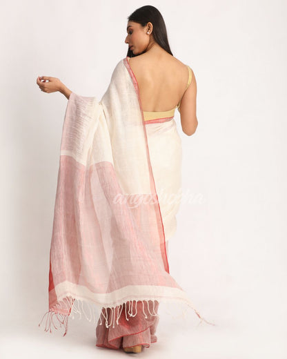 Design Zari Border Off White Handloom Traditional Linen Saree angoshobha