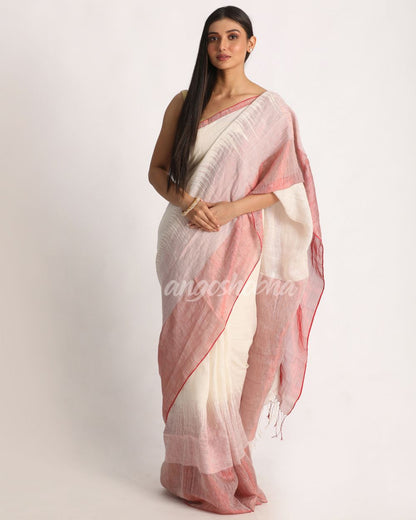 Design Zari Border Off White Handloom Traditional Linen Saree angoshobha