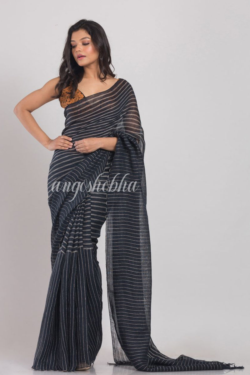 Dim Grey Handloom Linen Saree