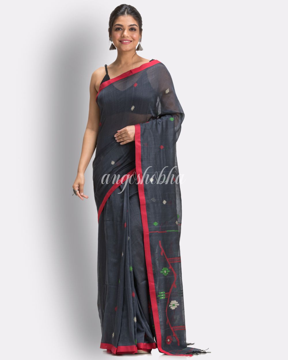 Ebony Clay Handloom Cotton Jamdani saree angoshobha