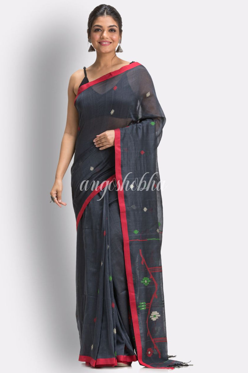 Ebony Clay Handloom Cotton Jamdani saree