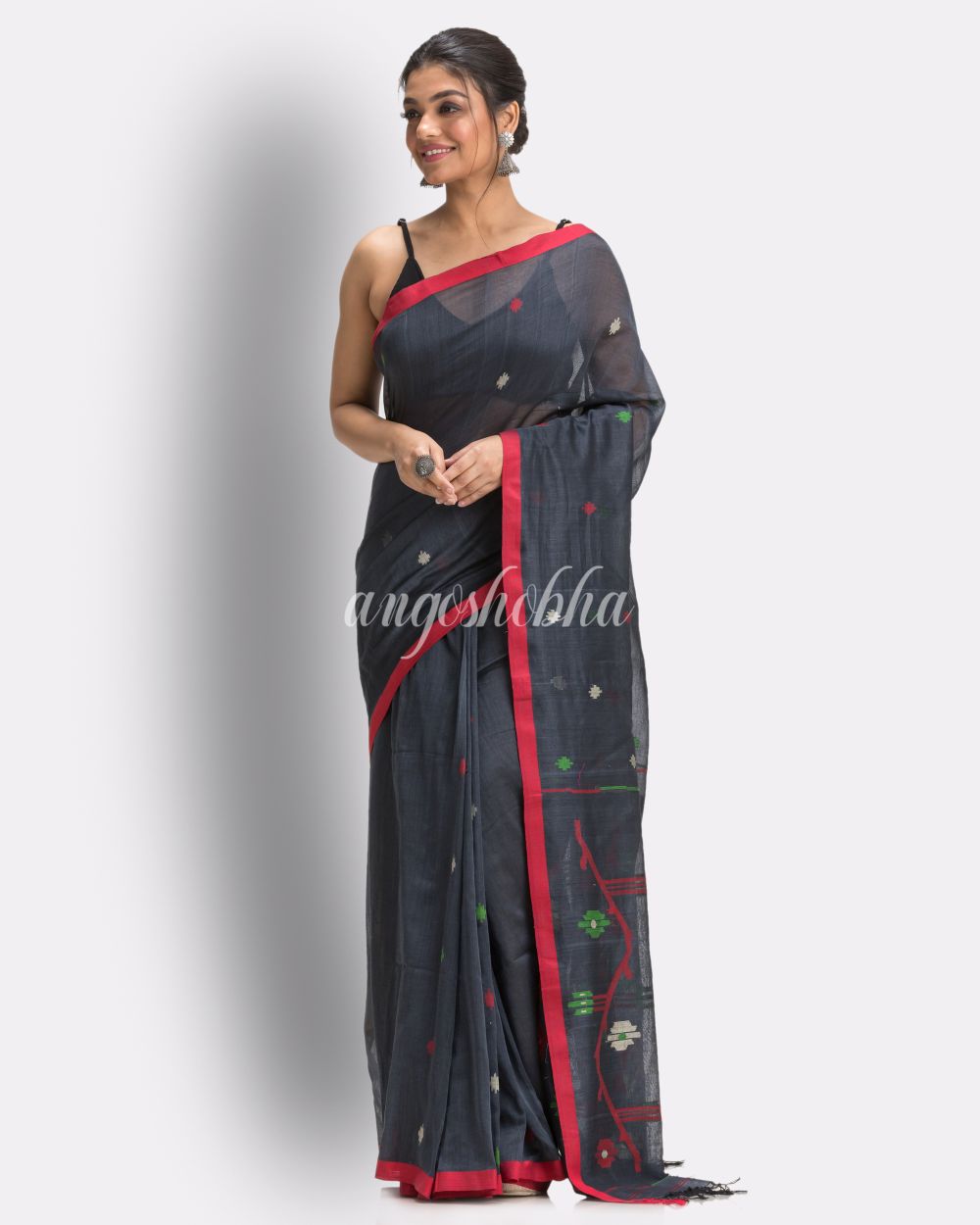 Ebony Clay Handloom Cotton Jamdani saree angoshobha