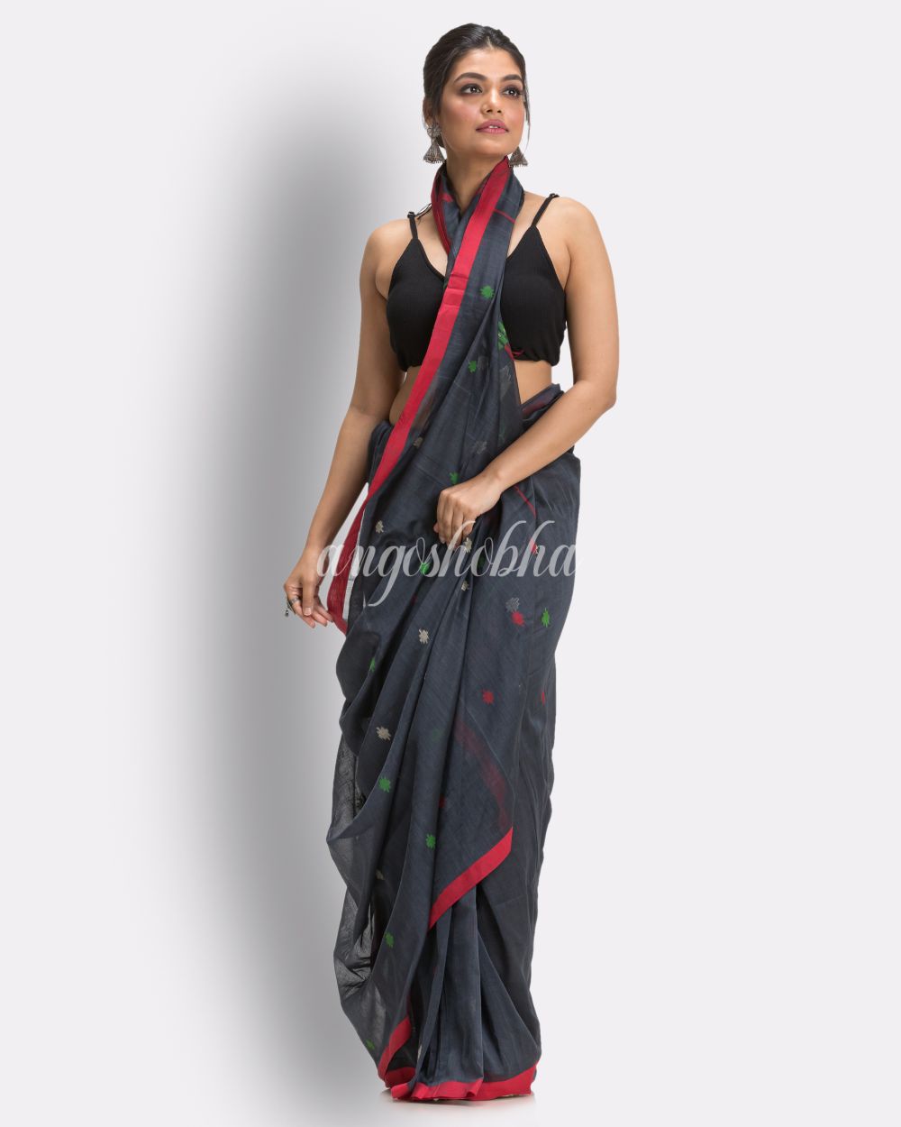 Ebony Clay Handloom Cotton Jamdani saree angoshobha