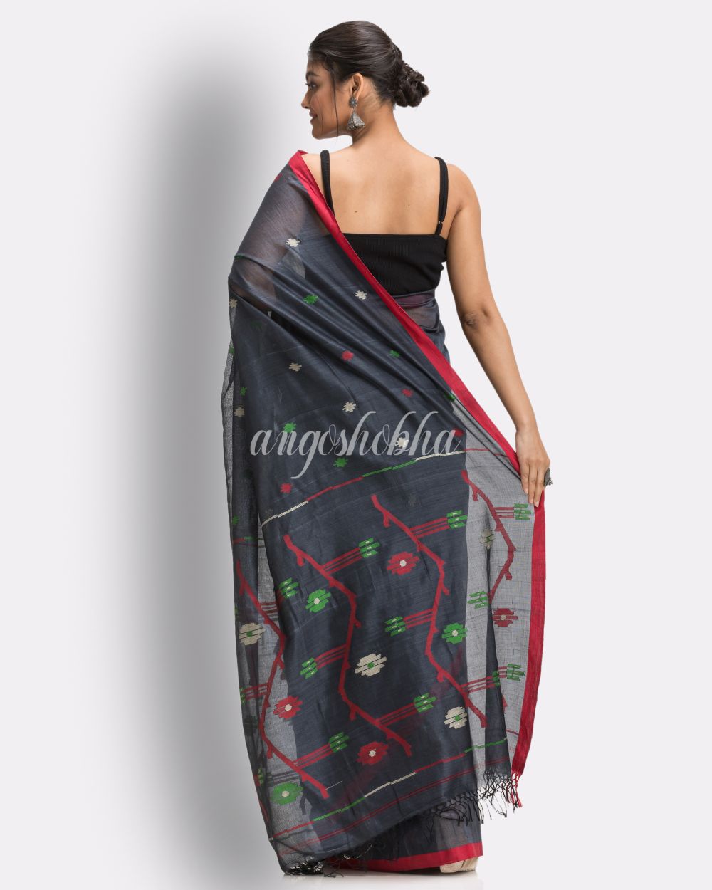 Ebony Clay Handloom Cotton Jamdani saree angoshobha