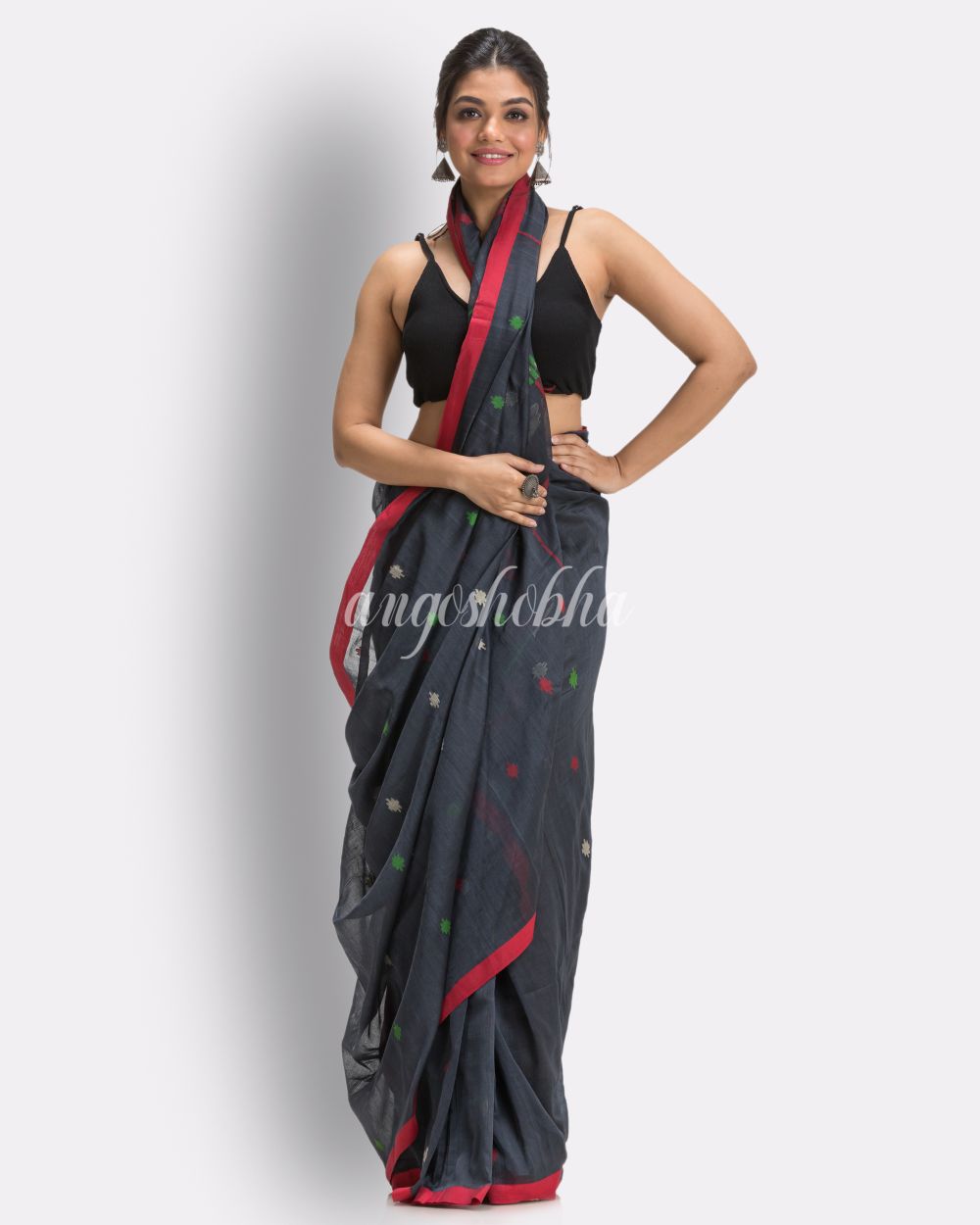 Ebony Clay Handloom Cotton Jamdani saree angoshobha
