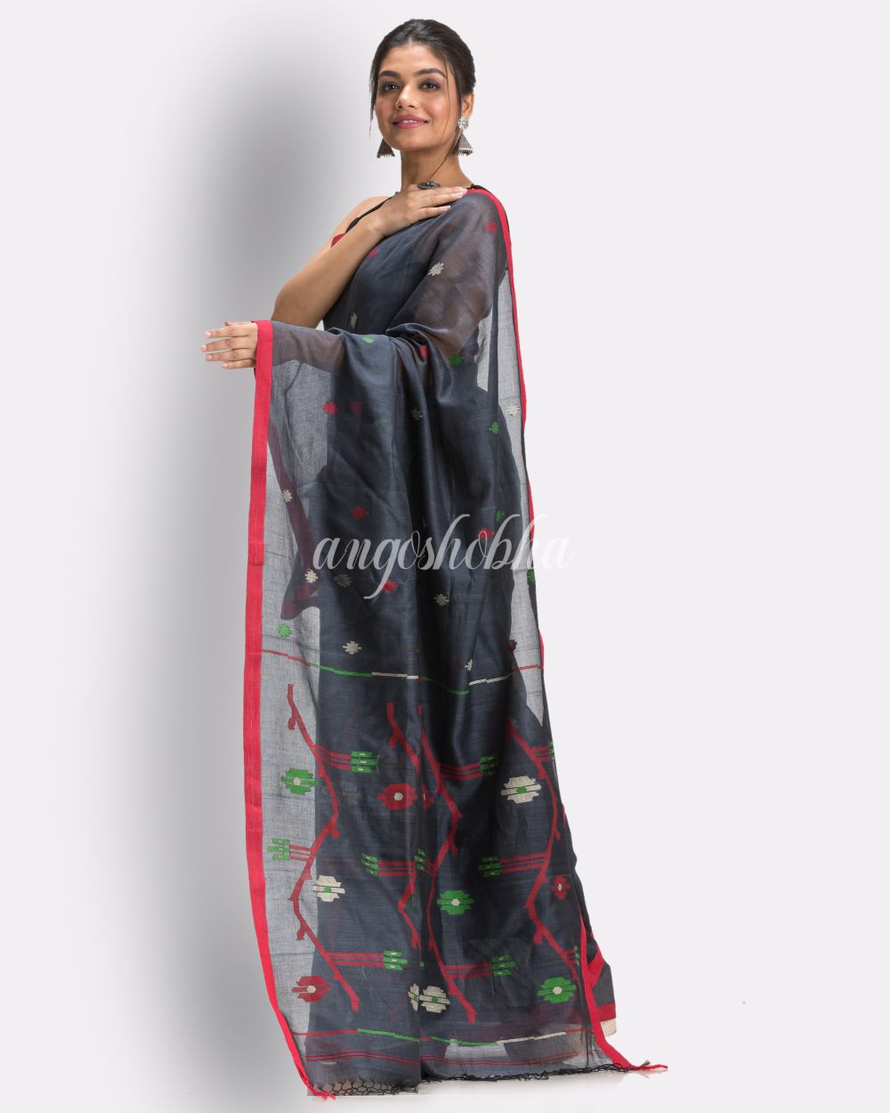 Ebony Clay Handloom Cotton Jamdani saree angoshobha