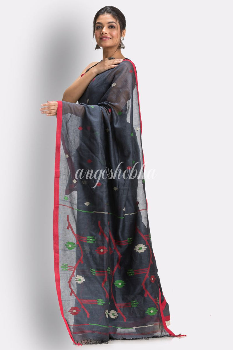 Ebony Clay Handloom Cotton Jamdani saree