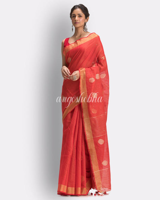 Fire Red Cotton Blend Handloom Jamdani Saree angoshobha