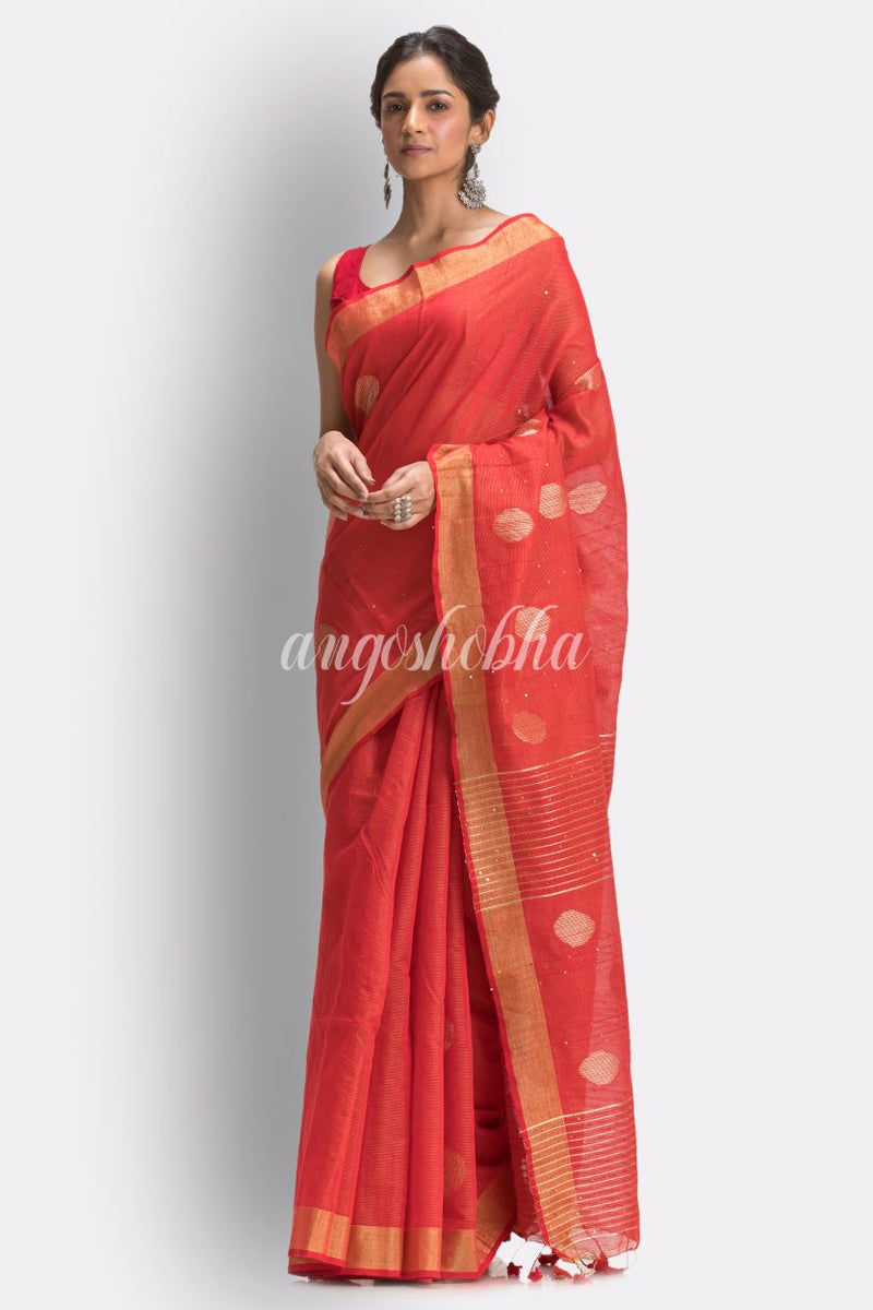 Fire Red Cotton Blend Handloom Jamdani Saree