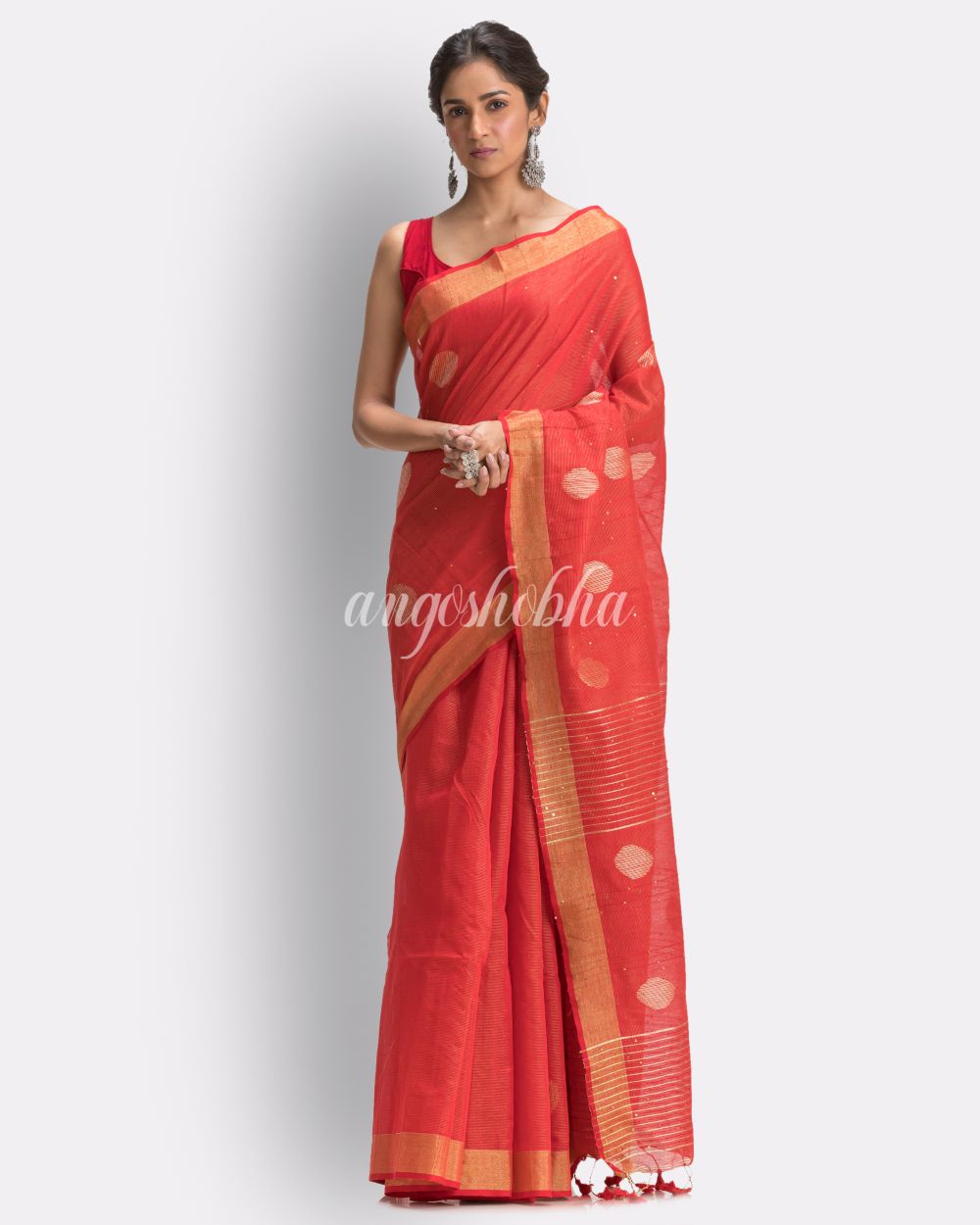 Fire Red Cotton Blend Handloom Jamdani Saree angoshobha