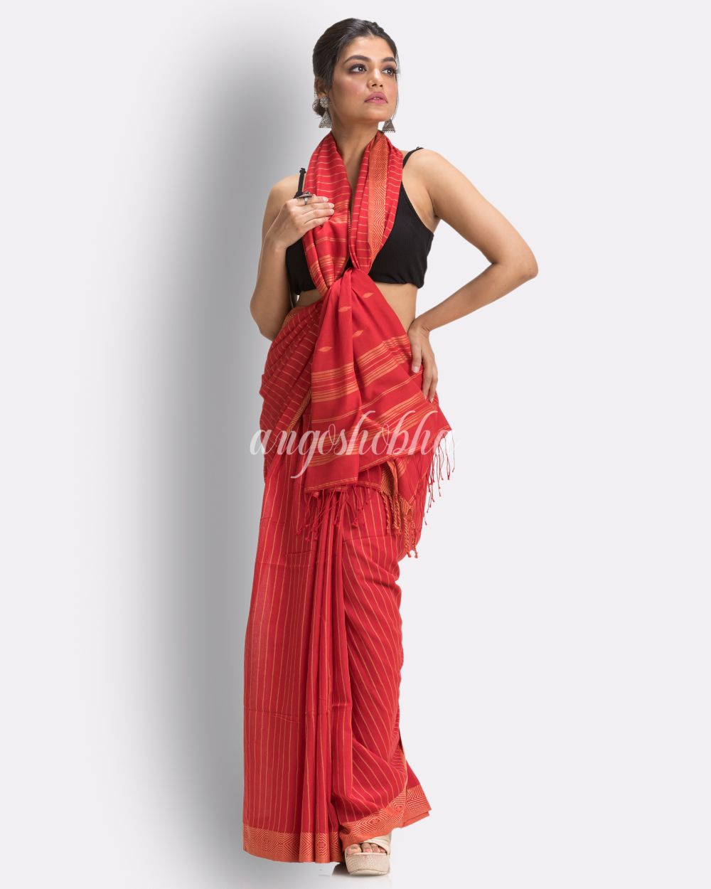 Fire Red Handloom Traditional Cotton Tangail Saree angoshobha