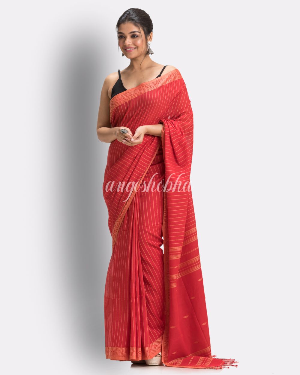 Fire Red Handloom Traditional Cotton Tangail Saree angoshobha