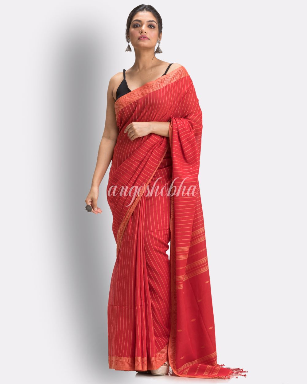 Fire Red Handloom Traditional Cotton Tangail Saree angoshobha