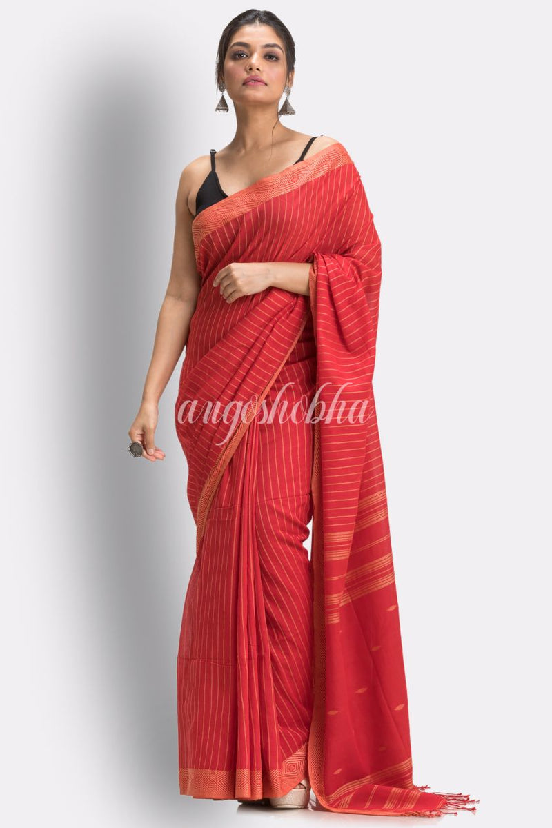 Fire Red Handloom Traditional Cotton Tangail Saree