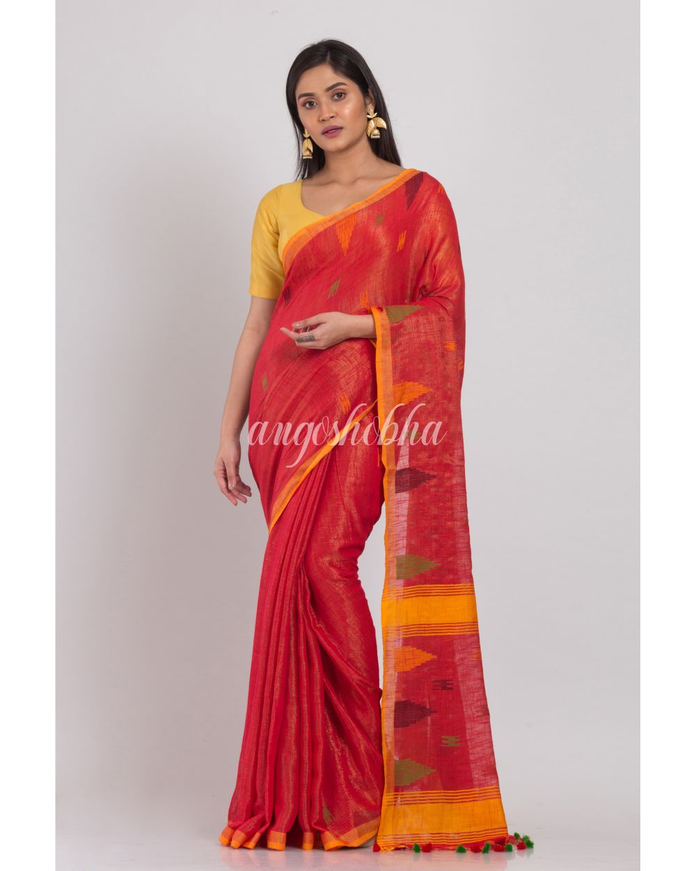 Fire Red Soft Cotton Silk Handloom Saree angoshobha