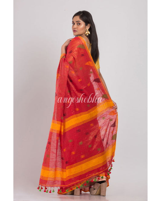 Fire Red Soft Cotton Silk Handloom Saree angoshobha