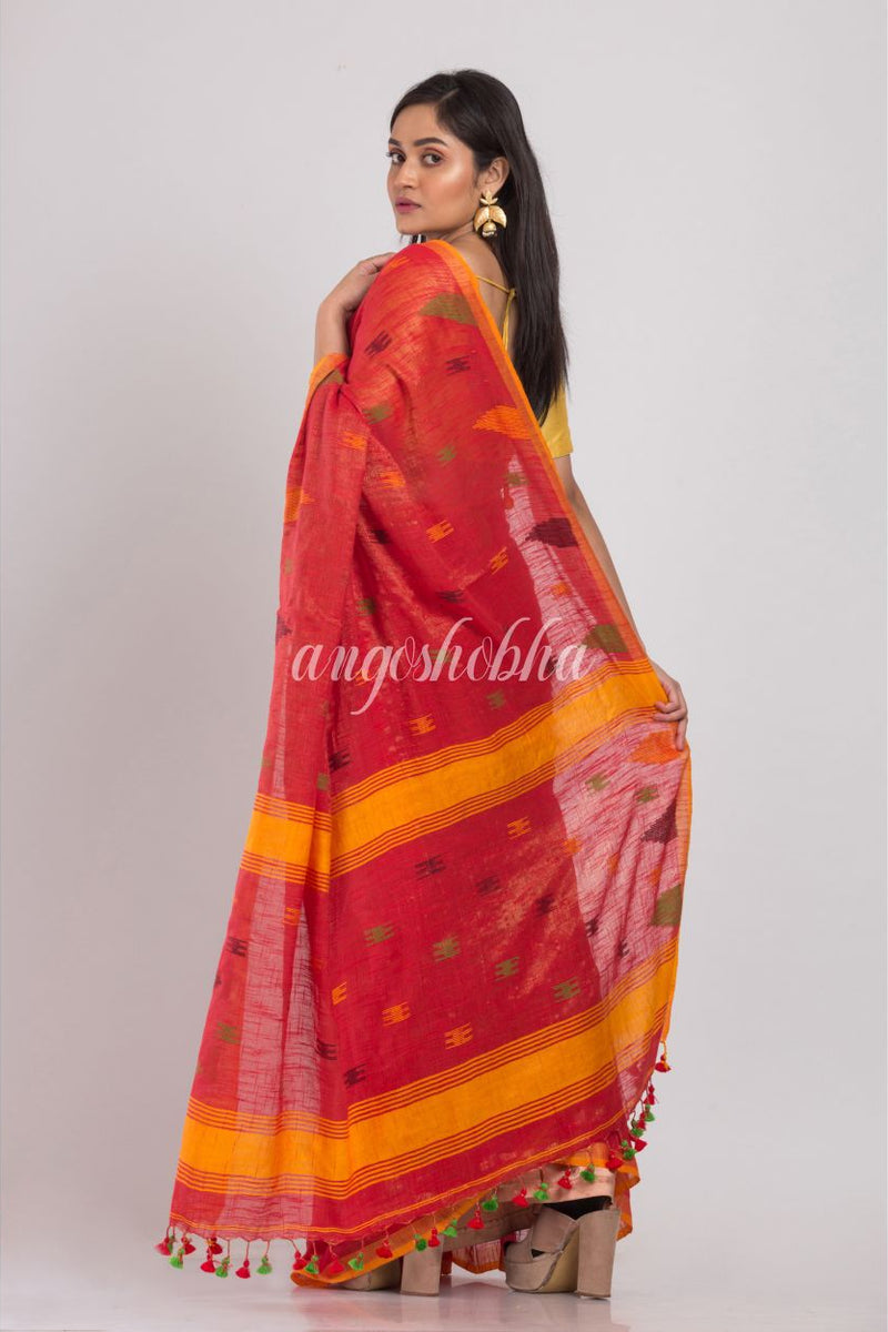 Fire Red Soft Cotton Zari Handloom Saree