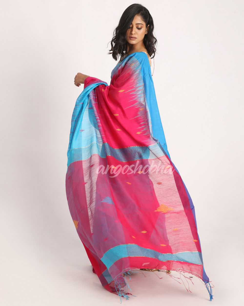 Fuchsia Aqua Blue Cotton Blend Handloom Tie Dye Jamdani Saree angoshobha