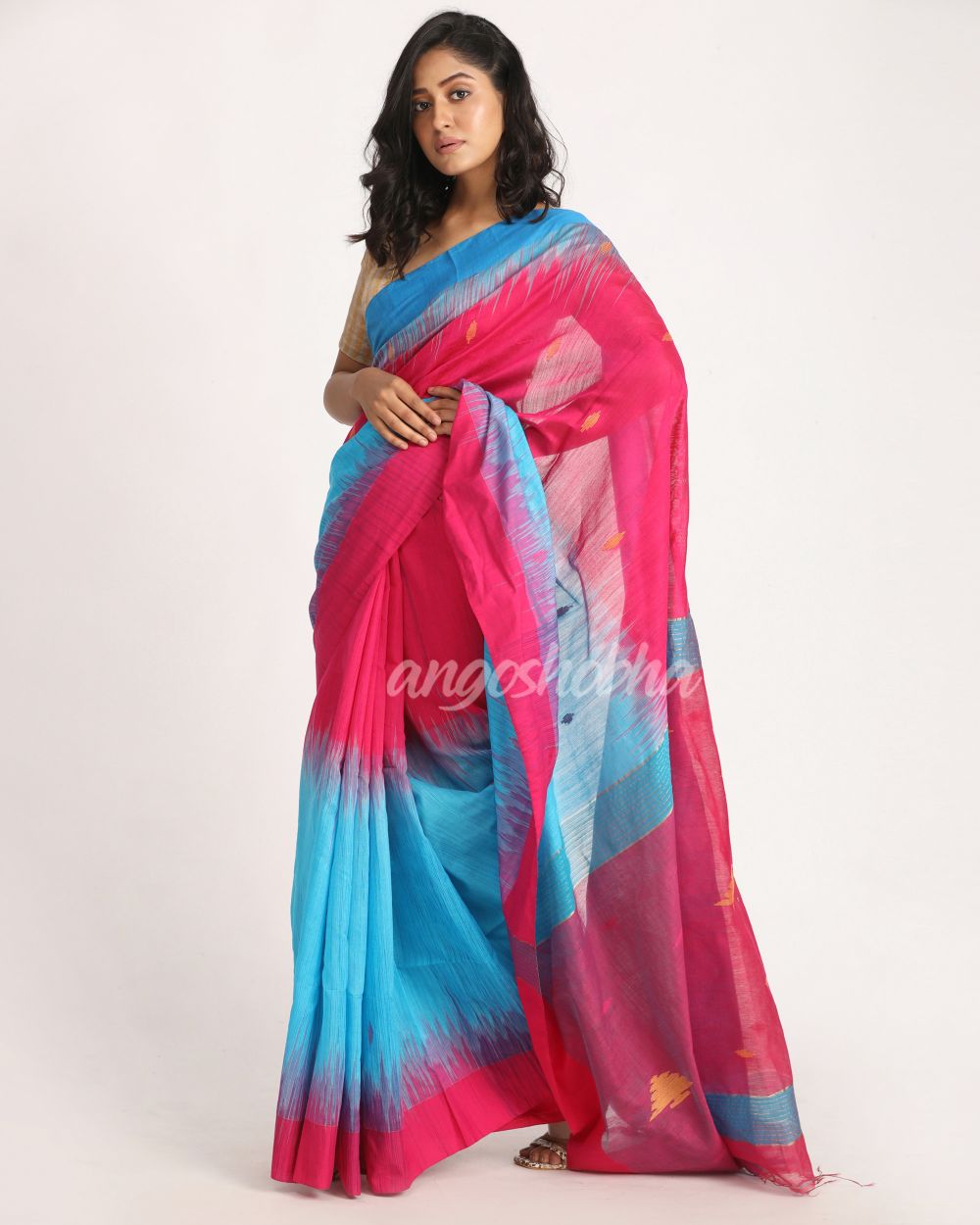 Fuchsia Aqua Blue Cotton Blend Handloom Tie Dye Jamdani Saree angoshobha