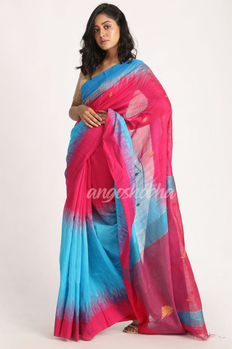 Fuchsia Aqua Blue Cotton Blend Handloom Tie Dye Jamdani Saree