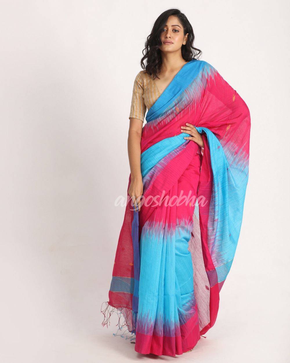Fuchsia Aqua Blue Cotton Blend Handloom Tie Dye Jamdani Saree angoshobha