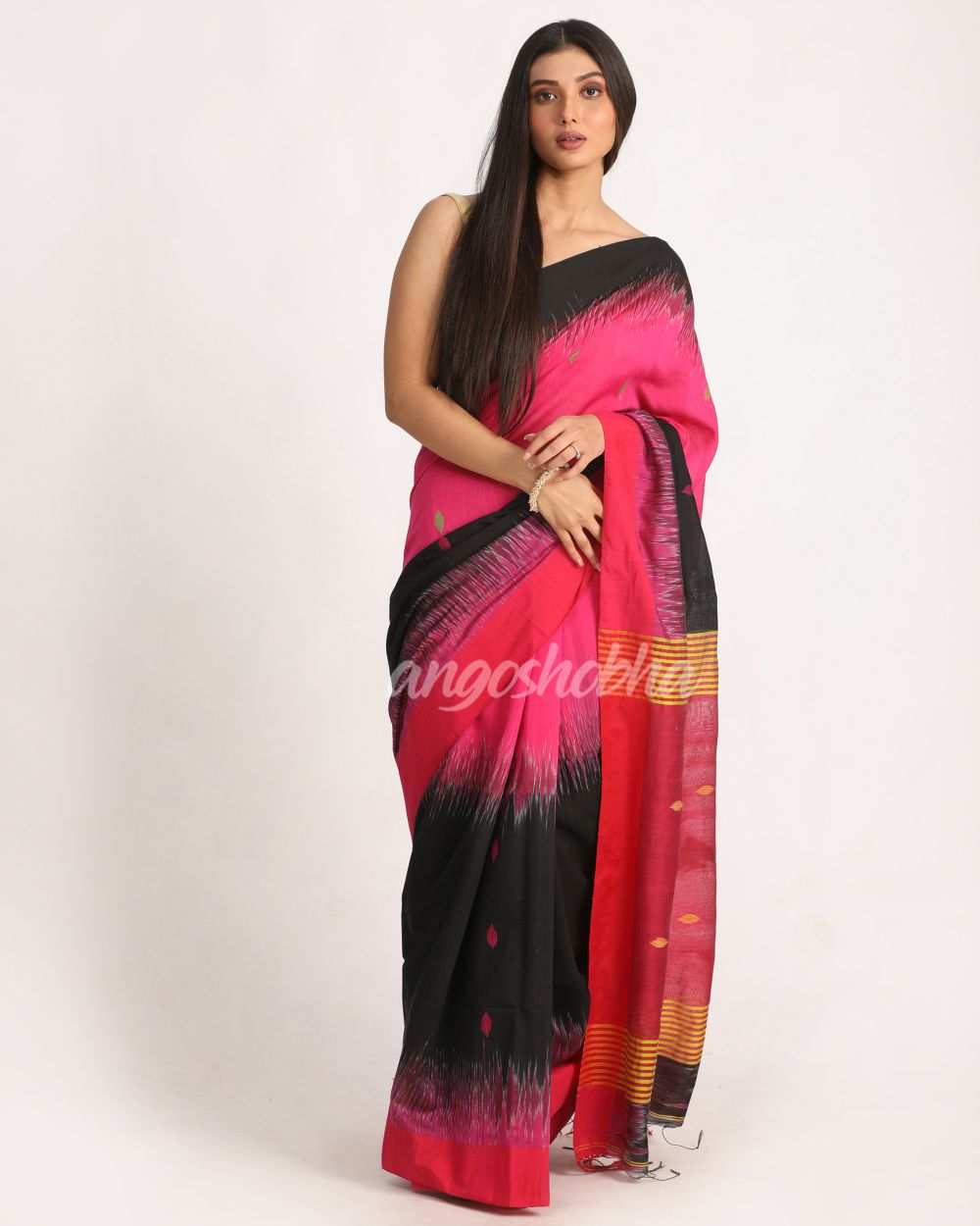 Fuchsia Black Cotton Blend Handloom Tie Dye Jamdani Saree angoshobha