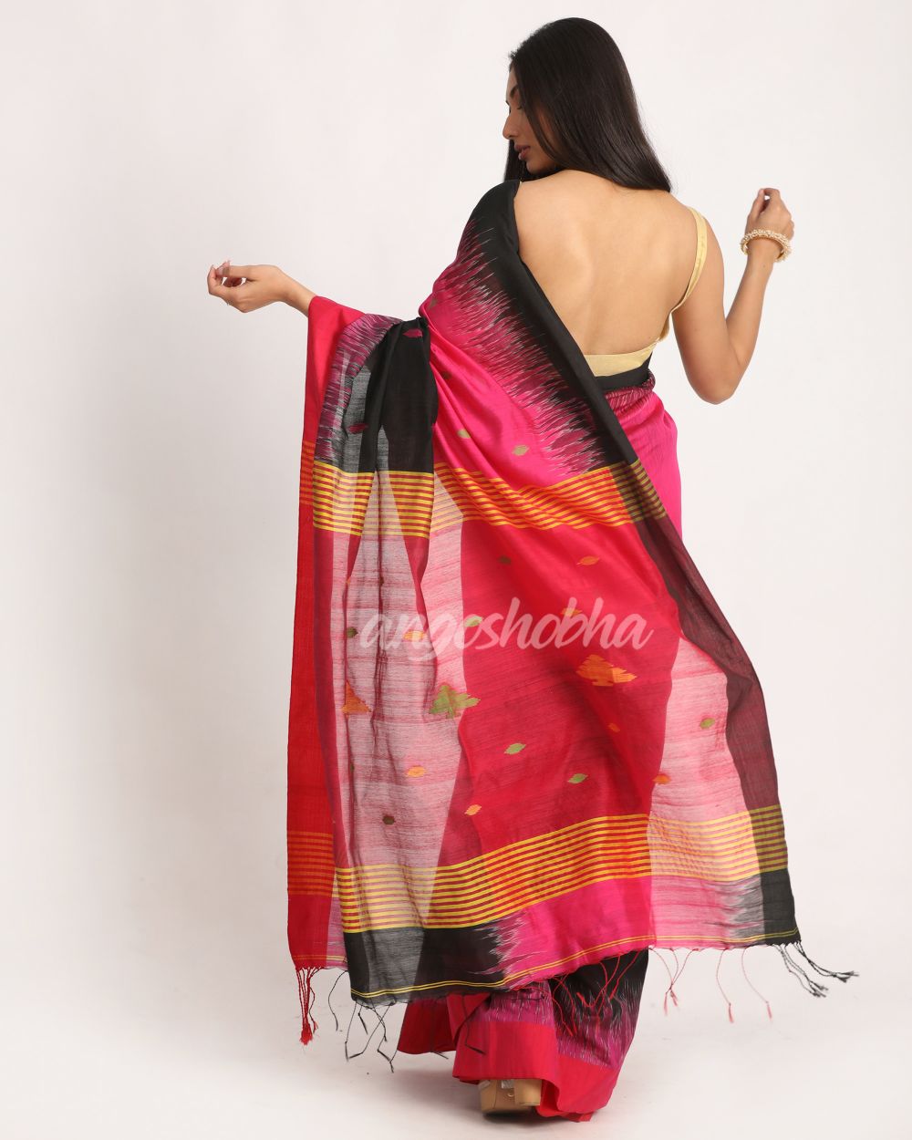 Fuchsia Black Cotton Blend Handloom Tie Dye Jamdani Saree angoshobha